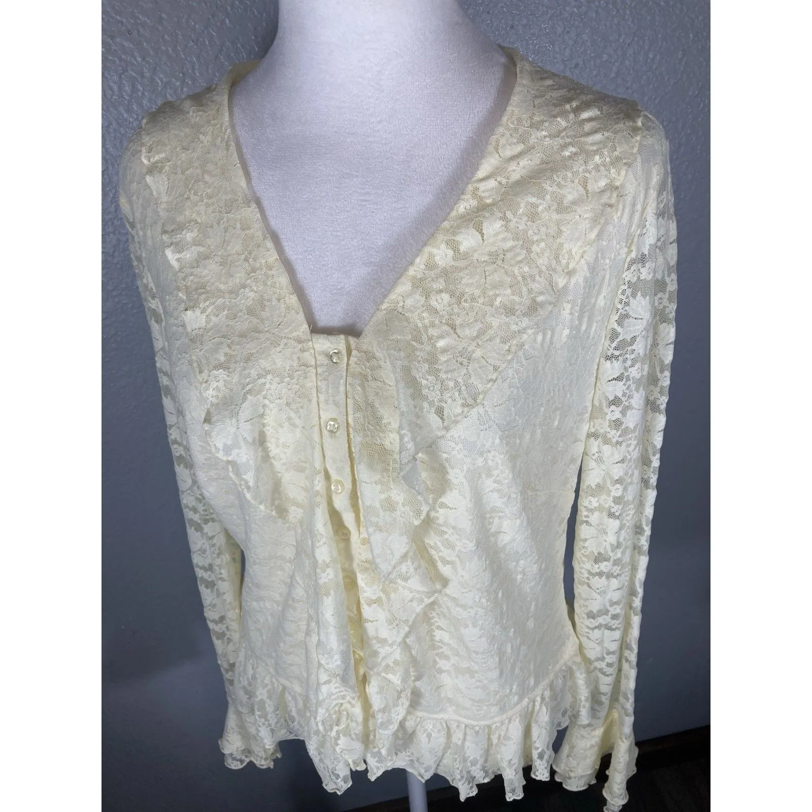 Womens Cream Top L Floral Lace Victorian Blouse Ruffles Sheer Whimsical Fairy - Image 8