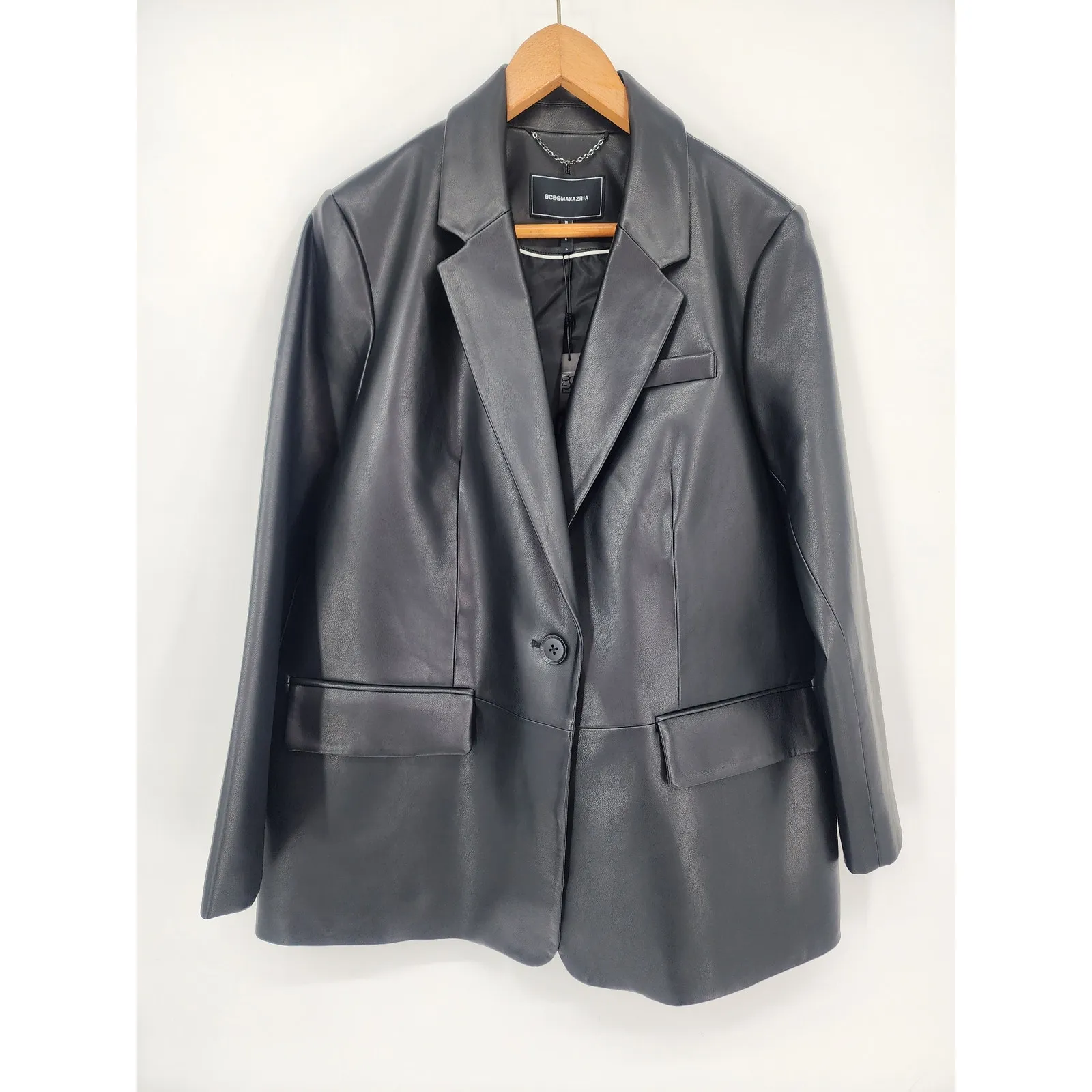 BCBGMAXAZRIA Black Vegan Leather Blazer Women's Size Large - Image 14