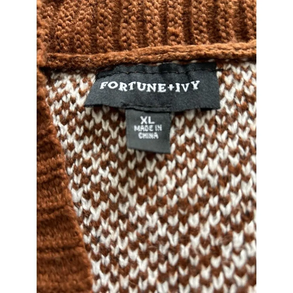 Fortune+Ivy Stitch Fix Women's Chevron Open Cardigan Sweater Rust/White Sz XL - Image 3