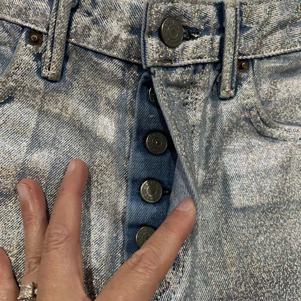 GRLFRND Size 26 Cindy Denim Shorts High Rise Frayed Hem Holographic Wear Me Out - Image 5