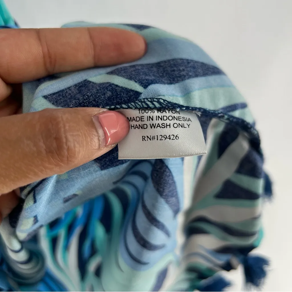 Escapada Living Monica Tassel‎ Dress Blue Tropical Leaf Print Off The Shoulder - Image 9