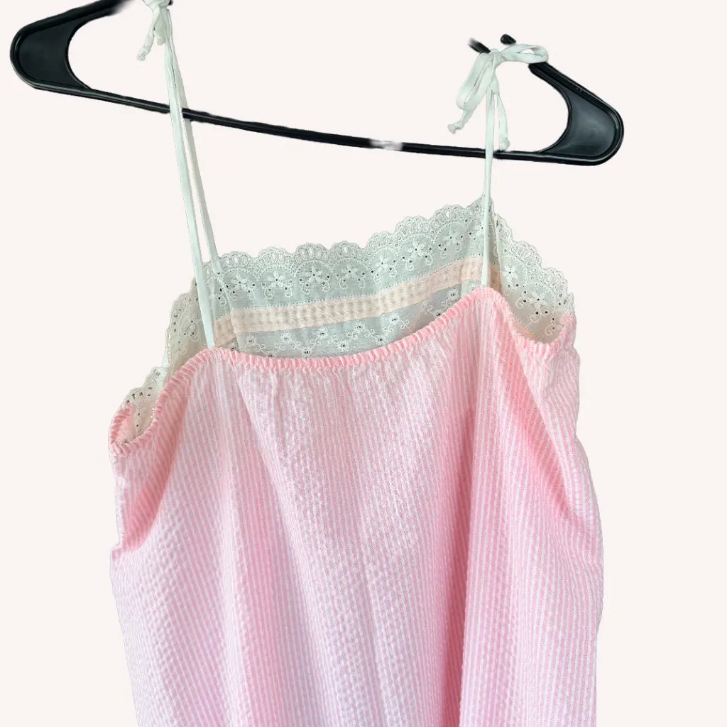 Juli Slumbertogs Vintage Pink Seersucker Nightgown Robe Set Eyelet Lace Cottage - Image 12
