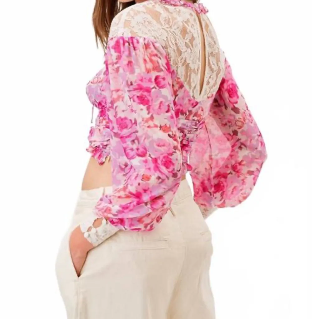 FOR LOVE AND LEMONS LARA PINK ROMANTIC LACE SEMI CROP TOP BLOUSE MEDIUM NEW - Image 7