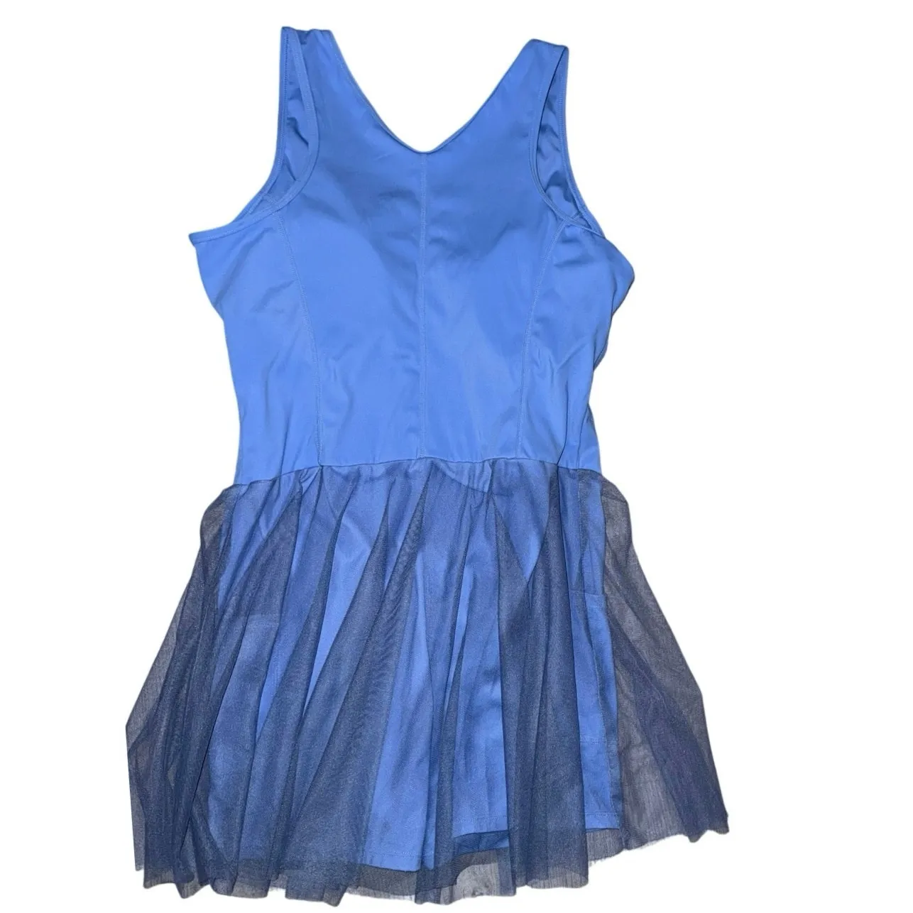 sleeveless blue romper athletic dress with a mesh skirt overlay front zip large - Image 4