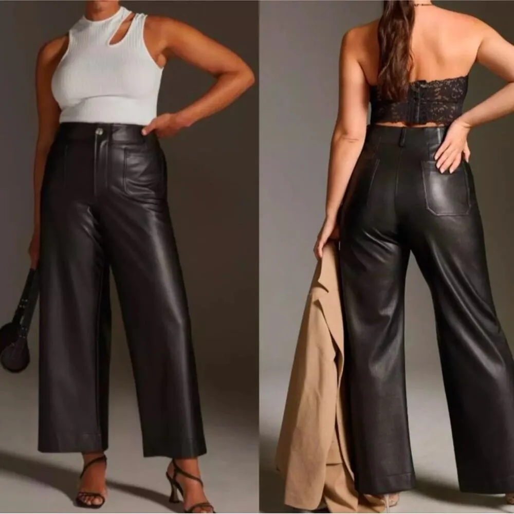 Anthro Maeve Women’s Colette High Waist Faux Vegan Black Leather Wide Leg Pants - Image 10