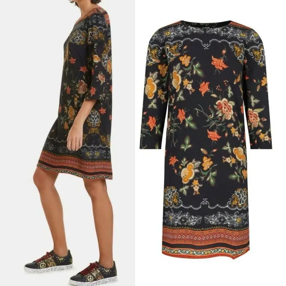 NWT Desigual Boho Floral Straight Dress Black Orange Yellow Size 38 EU| 4 US NEW - Image 12
