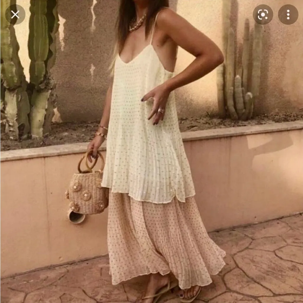 Zara NWT plisse double layered tiered silver Metallic thread pleated flowy dress - Image 7