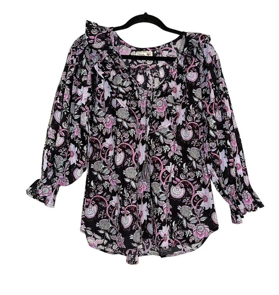 NWOT Mille Resort And Travel May Black Floral Cotton Blouse SMALL - Image 3