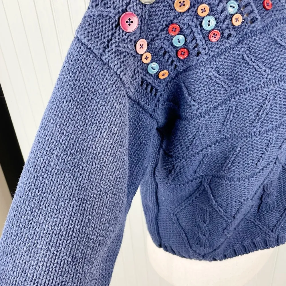 Vintage 90s Y2K Women's Navy Blue Knit Cardigan Sweater with Multicolor Buttons Size M - Image 8