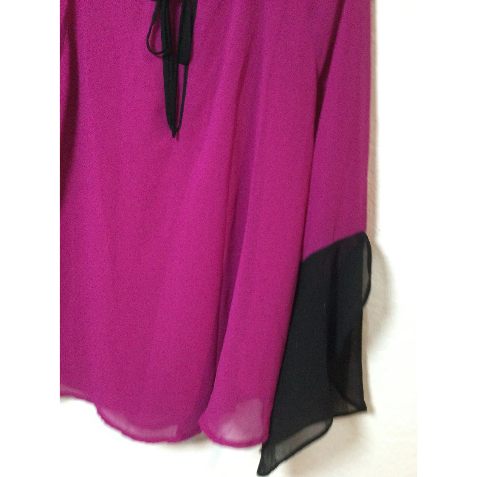 PJK Tunic Blouse Tie Neck Long Sleeve‎ Flowy Magenta Black Trim Size M (276) Purple Size M - Image 8