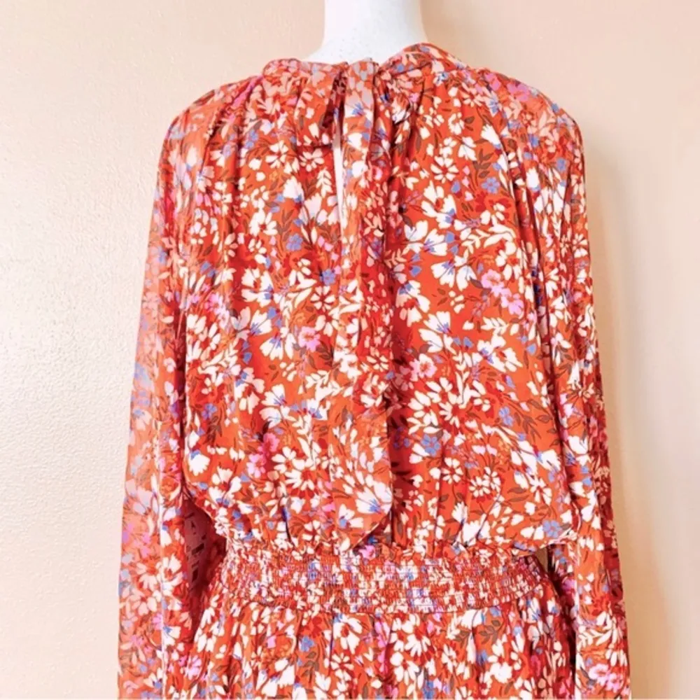 Arula Orange Red/Rust & Tan Multicolor Floral Smocked Long Sleeve Ruffled Dress. Red Size XL - Image 7