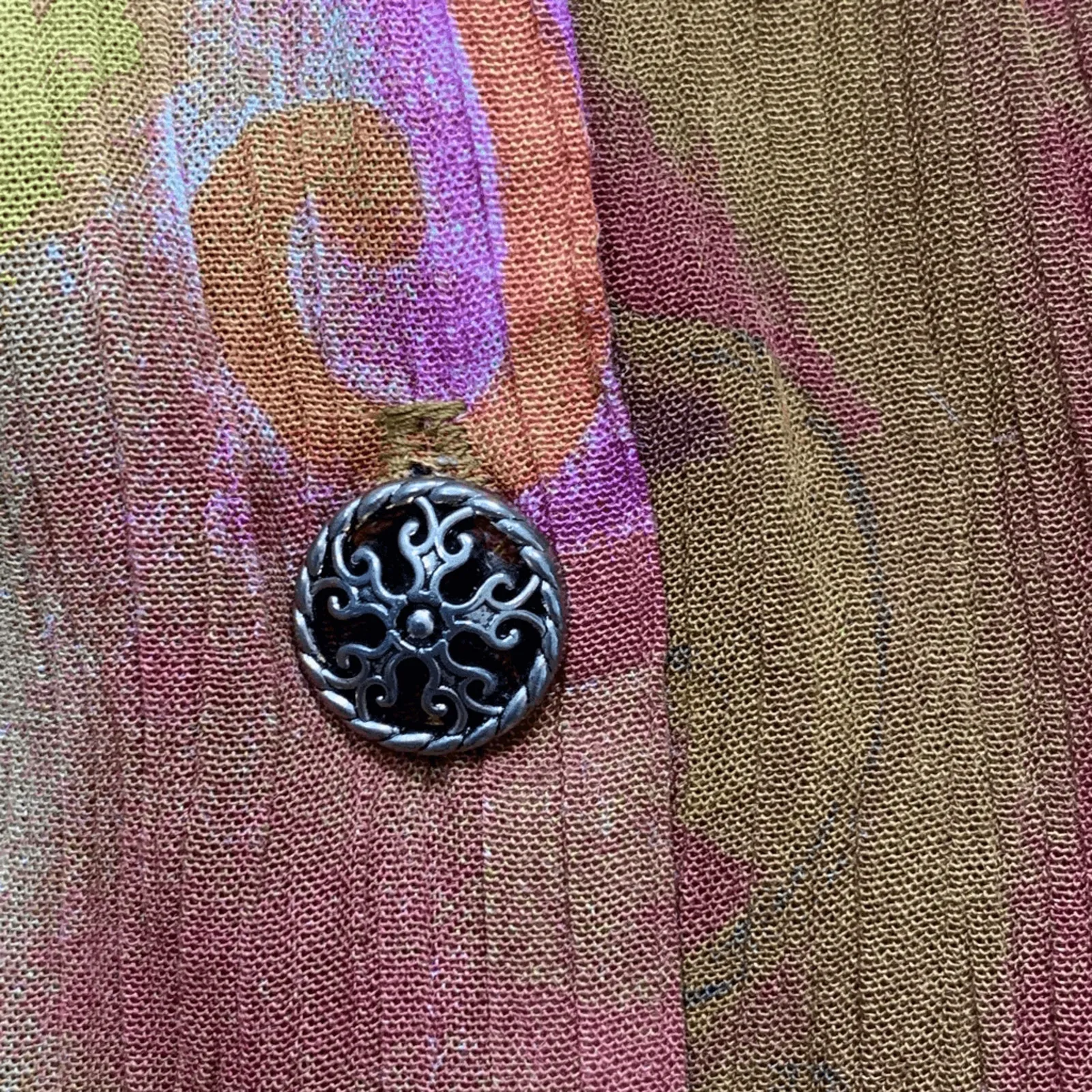 Vintage 90s Abstract Floral Tie Front Top Cropped Multicolor Rayon Shirt Small Orange - Image 12