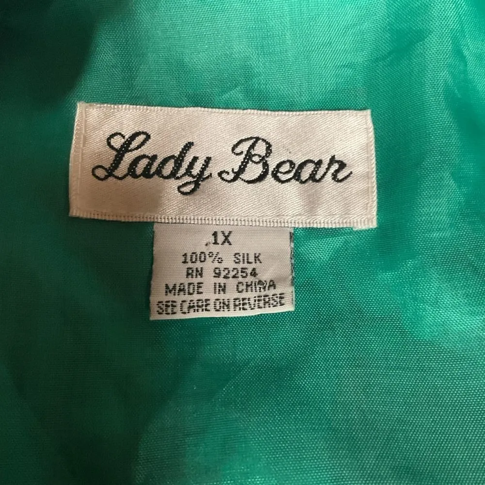 80s Lady‎ Bear Silk All Over Print Full Zip Bomber Jacket Green Plus Size 1X Vtg - Image 9