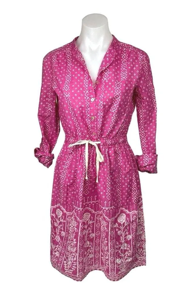 Anthropologie Meadow & Rue Pink Cotton Floral Tie Waist Button Up Shirt Dress 2 - Image 3