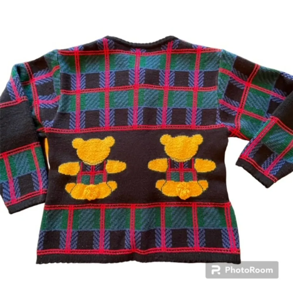 1980's AOP Teddy Bear Tartan Plaid Plush Tail Themed Cardigan Sweater Medium - Image 3