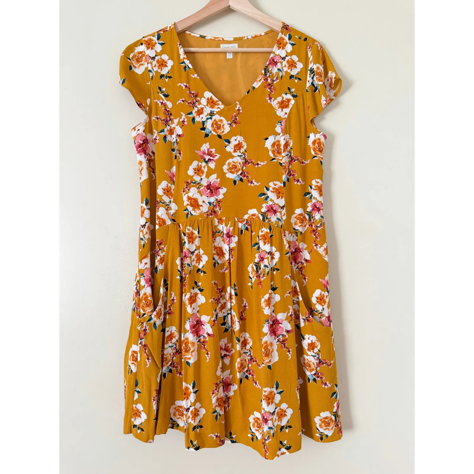 Garnet Hill Summer Day Crepe Dress Yellow Floral 8 Lined Breezy Dropwaist Pocket - Image 2