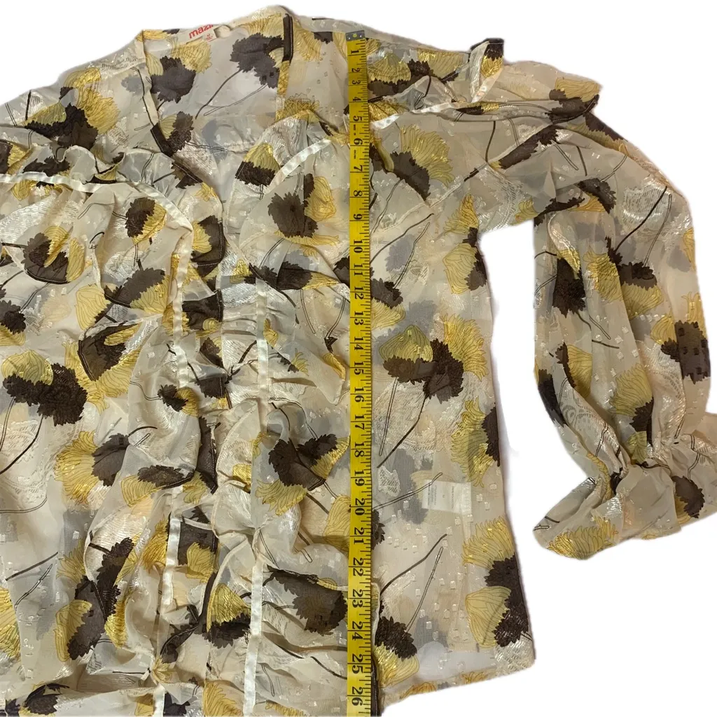 Mazik Floral Sheer Ruffled Blouse Brown Size M - Image 10