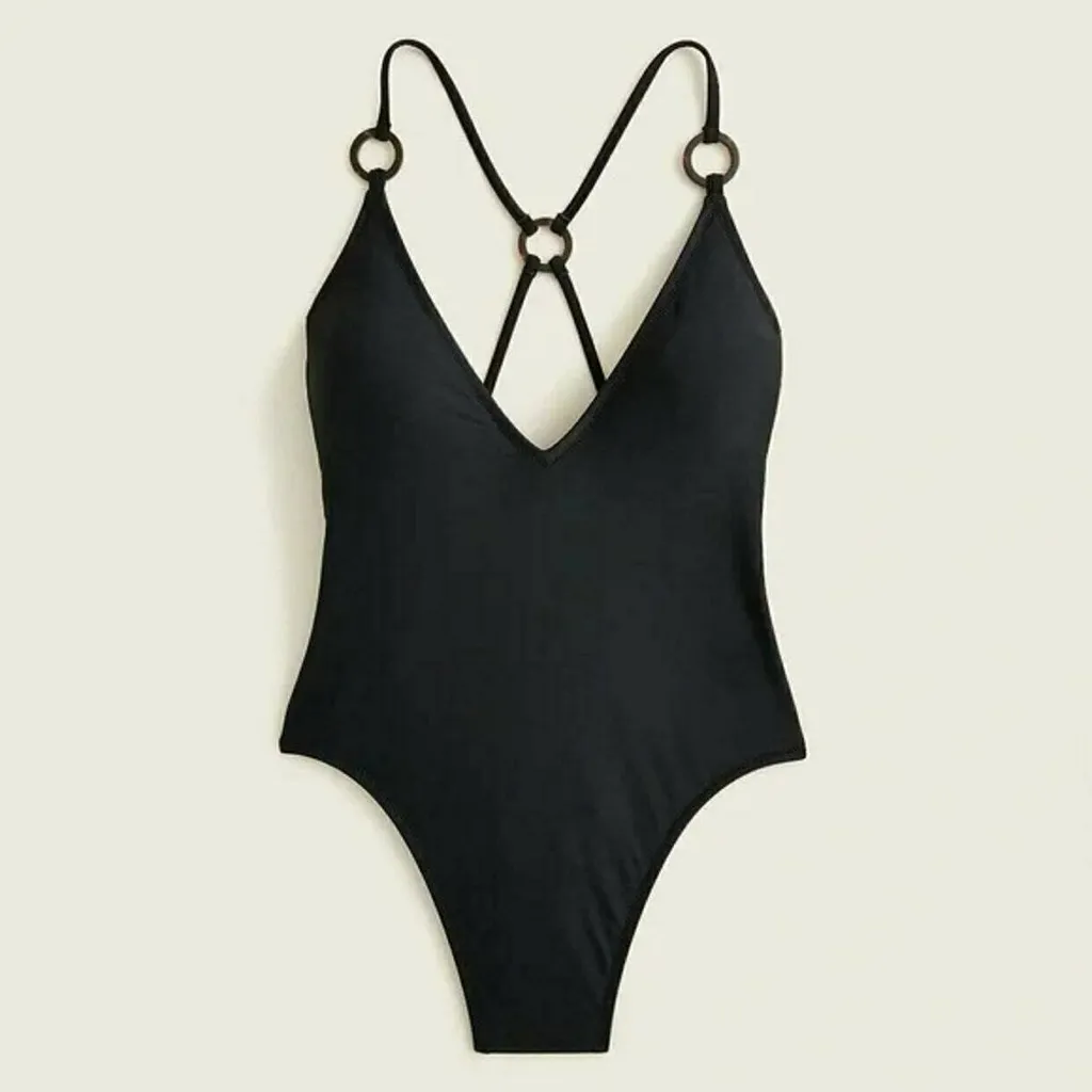J. Crew Women’s Classic Black O-ring V-neck One Piece Swimsuit Size 24 New - Image 3