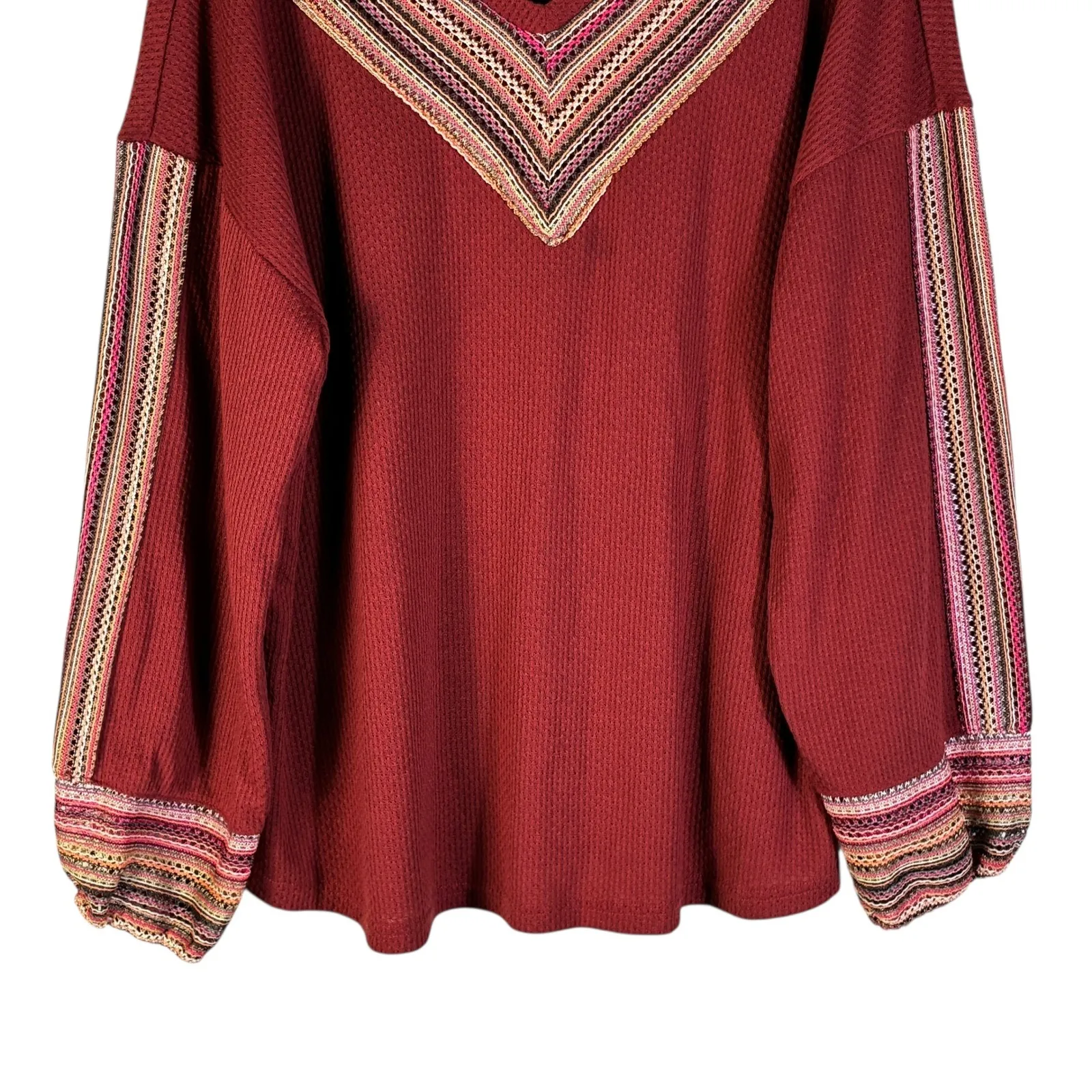 Casual Express Burgundy Waffle Knit Embroidered V Neck Long Sleeve Top XL Red - Image 3
