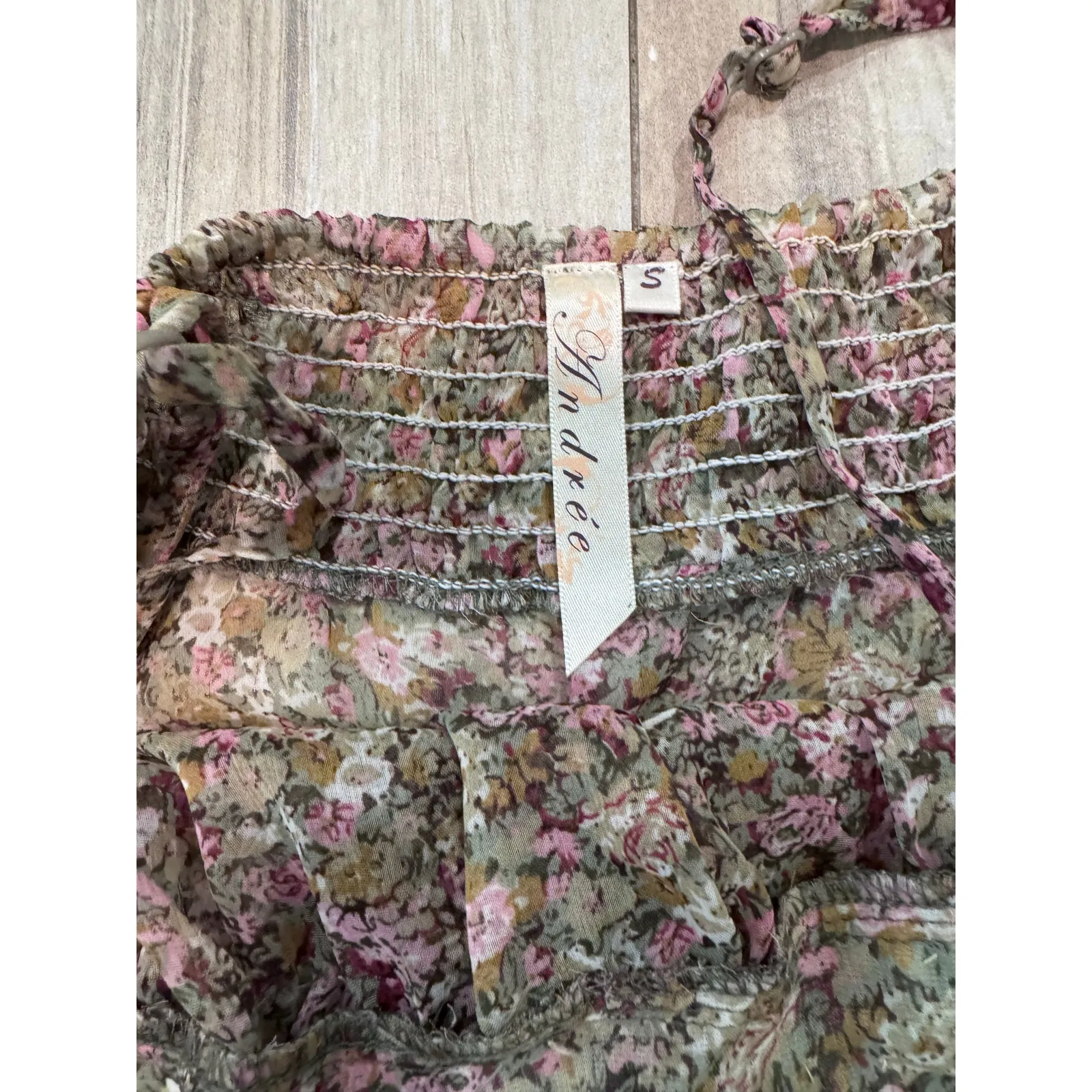 Andrée by Unit Cottagecore Floral Smocked Cami Top Ruffle Hem Sheer Tank S Brown - Image 5