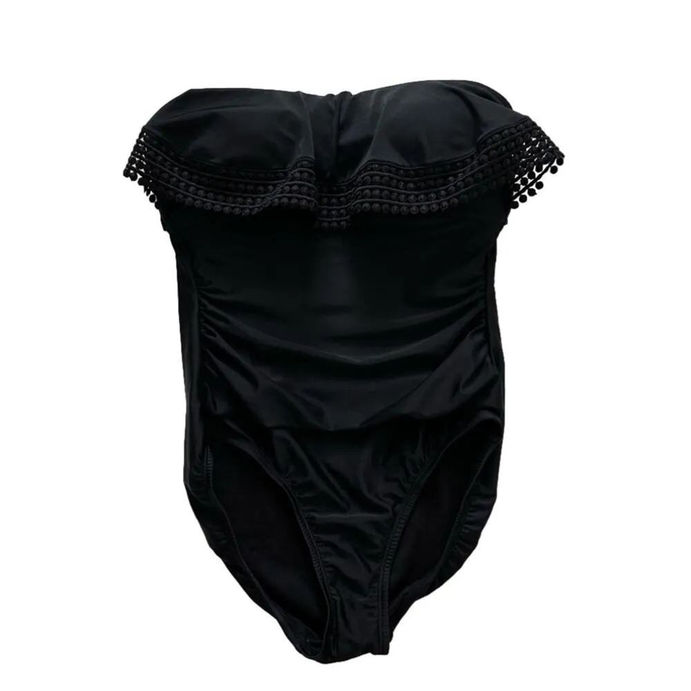 Kona Sol Swimsuit One Piece Black Crochet Flounce Strapless Small NEW - Image 2