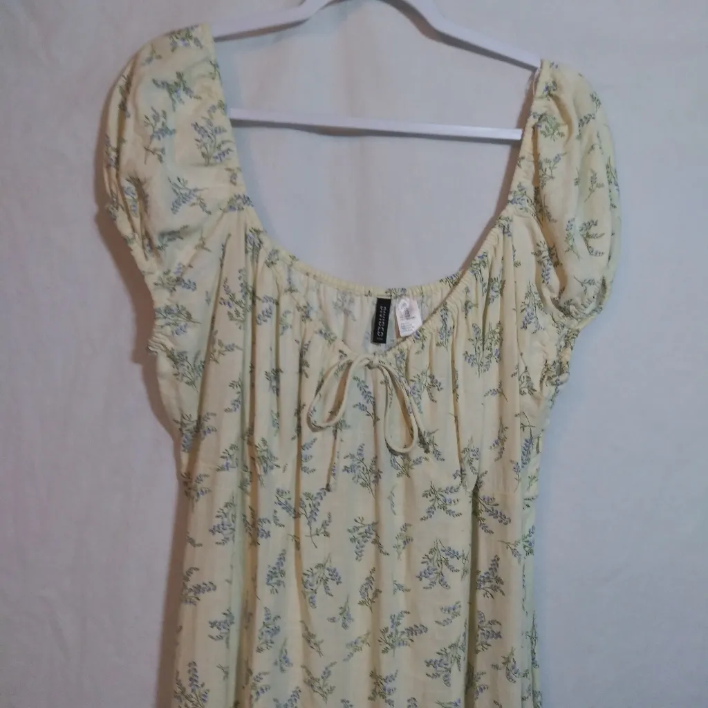 H&M Divided Cream and Blue Floral Tie-Detail Maxi Linen Dress Size XXL - Image 2