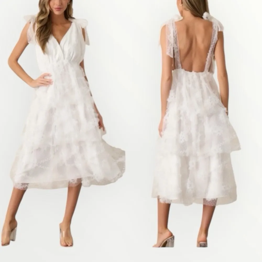 JUST ME White Lace Sleeveless Deep V-Neck Tiered Midi Dress Size L Open Back - Image 2