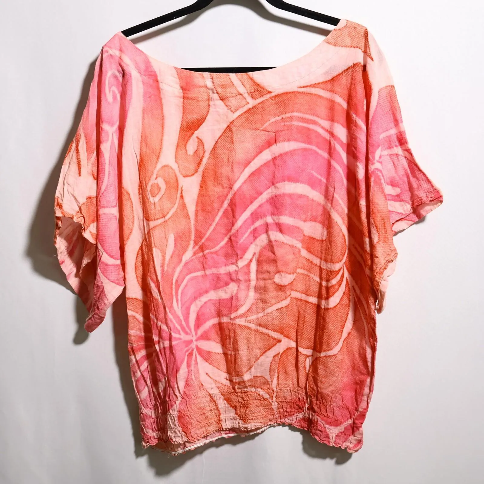 Pink AOP Flowers Floral Top‎ Elastic Hem Retro Womens L Groovy Short Sleeve Boho Size L - Image 2