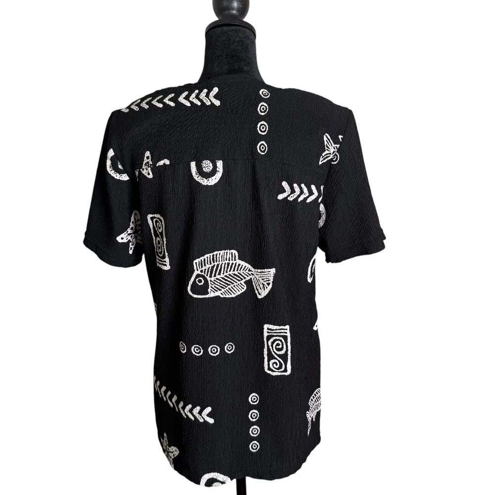 Artsy‎ BOHO Black Top Women Size S Fish Doodle Print Crinkle Art To Wear Fashque - Image 2