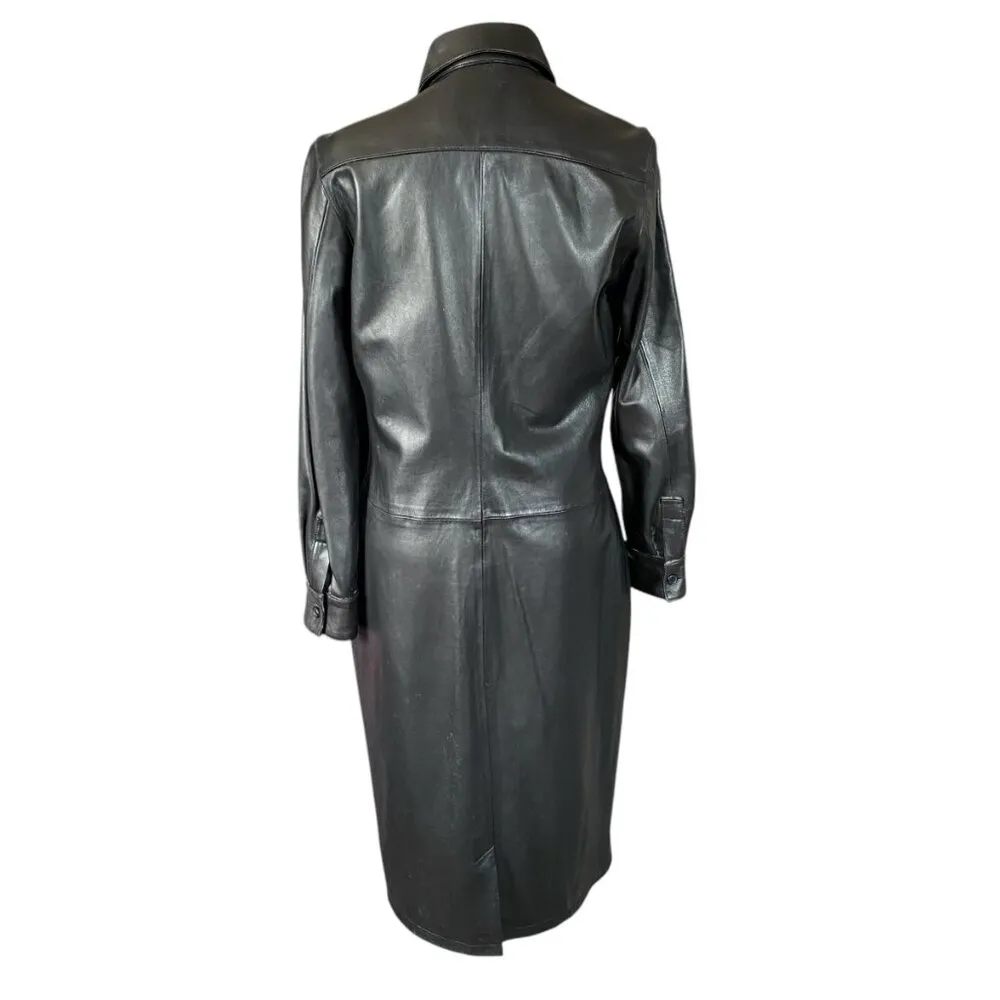 Faconnable women's size XS long black button down collared lambskin leather coat - Image 4