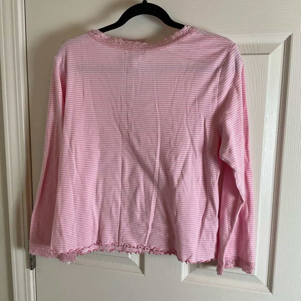 CHAPS SZ XL pink/white Stripe Long Sleeve Shirt W/ Lace Top Blouse - Image 8