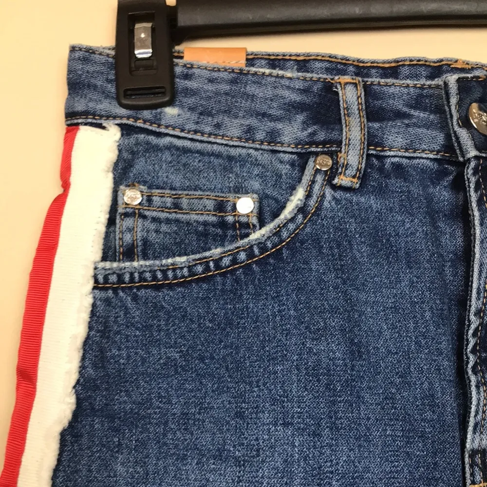 Zara TRF Women’s Blue Denim Jean Ribbon Striped Red Ivory Distressed Mini Skirt - Image 3