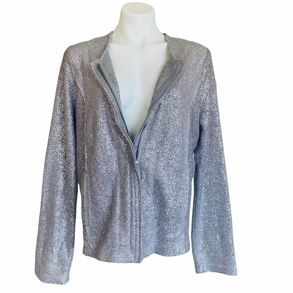 ANTHROPOLOGIE Dolan Trendy Silver Metallic Zip Up Jacket Size L NEW - Image 6