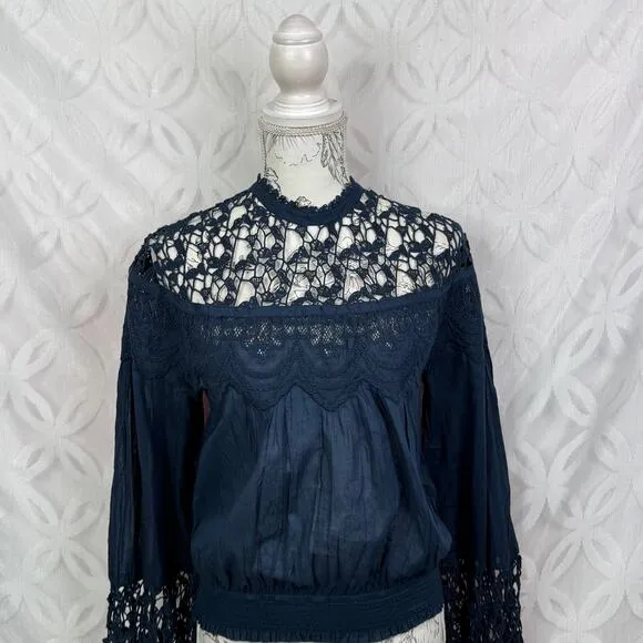 Free People Balloon Sleeve Mock‎ Neck Crochet Navy Blouse Size S NWT - Image 10