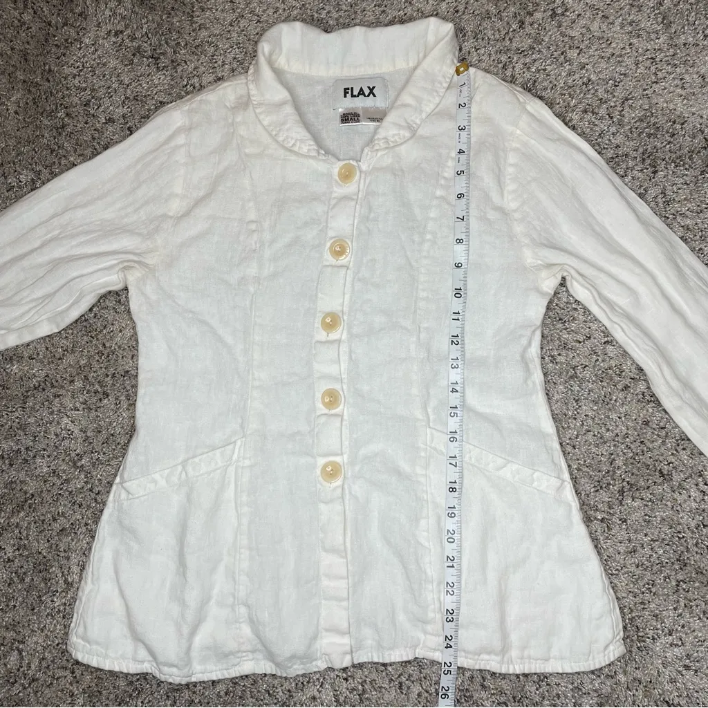 Flax 100% Linen Collared Button Up Long Sleeve Shirt Blouse Small S Cream White - Image 8