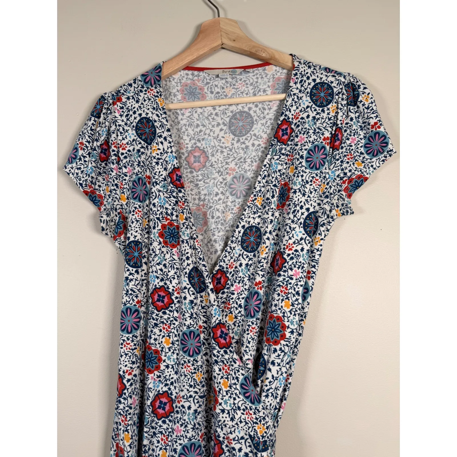 Boden Wrap Dress Short Sleeve Floral Print Midi Blue Red Yellow Women's US 8 White Size 12 - Image 3