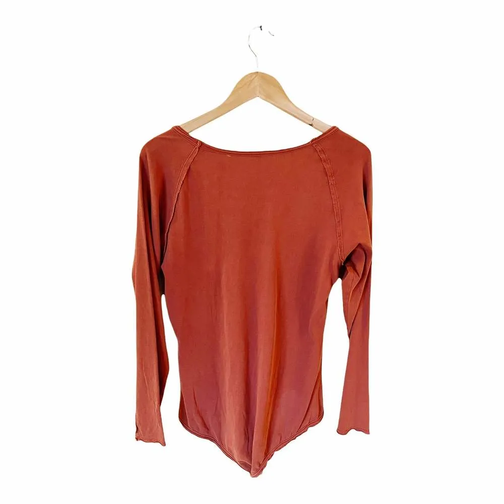 FREE PEOPLE Bodysuit Long Sleeves Burnt Orange Scoop Neck Cotton Raw Hem NWOT - Image 3