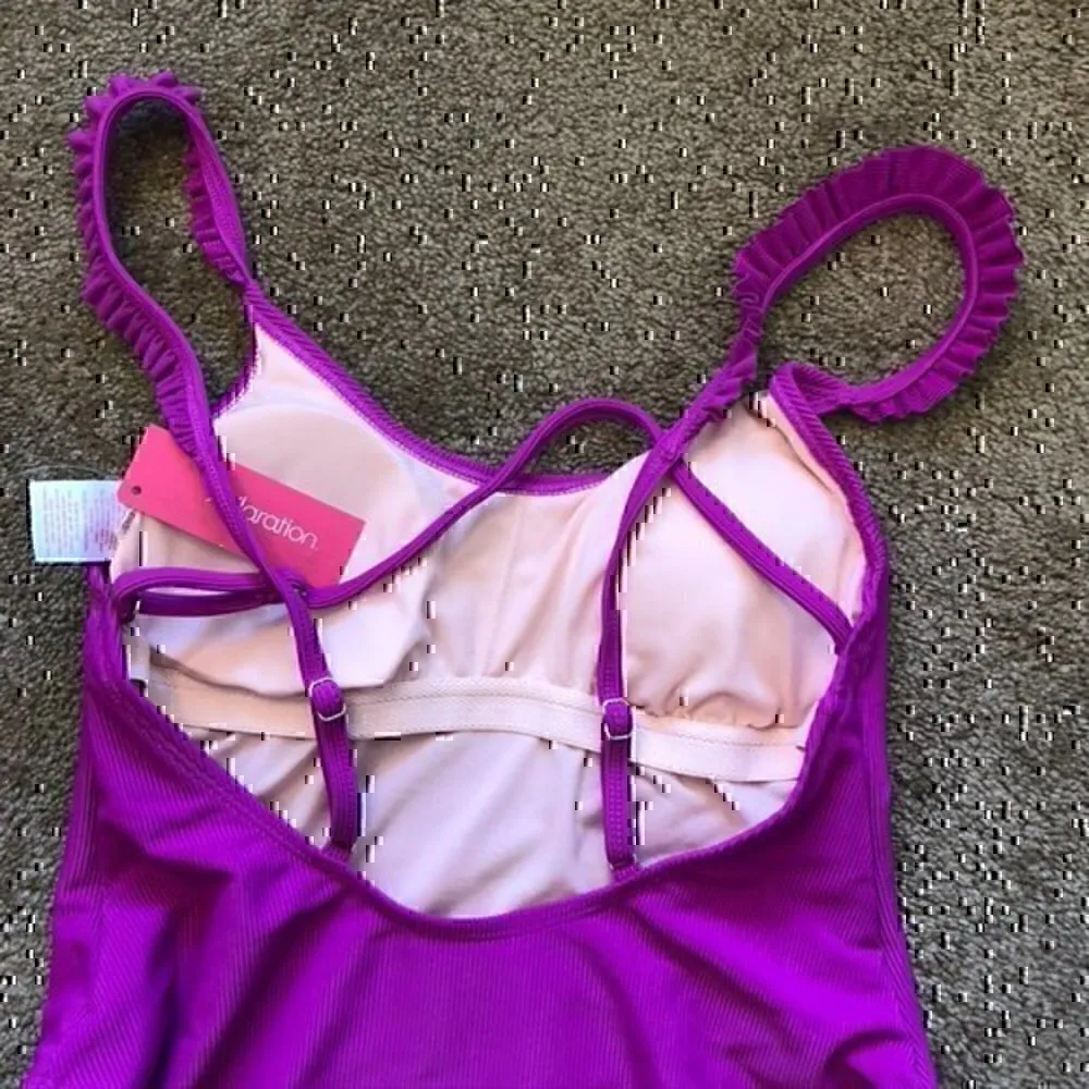 NEW NWT XHILARATION Ribbed Ruffle Shoulder One Piece Swimsuit Purple JRS Large - Image 9