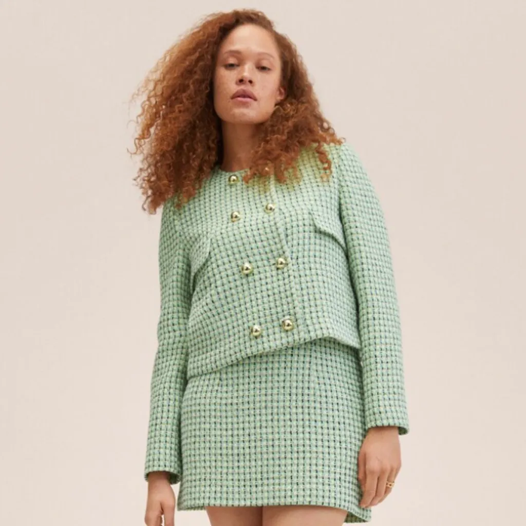 Mango NWT MNG Double-breasted tweed jacket Green Medium - Image 5