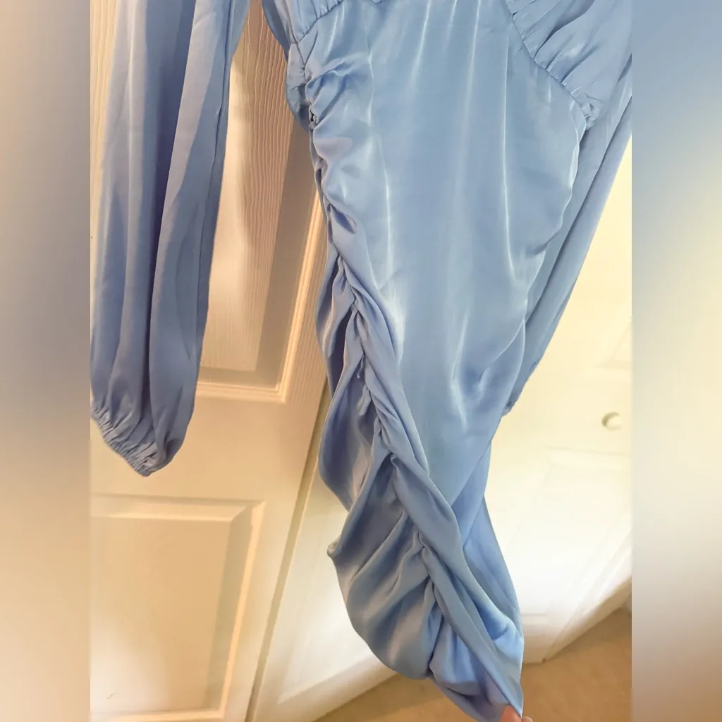 Princess Polly Ziya Long Sleeve Dress Blue Satin Ruched Dress Size 4 - Image 7