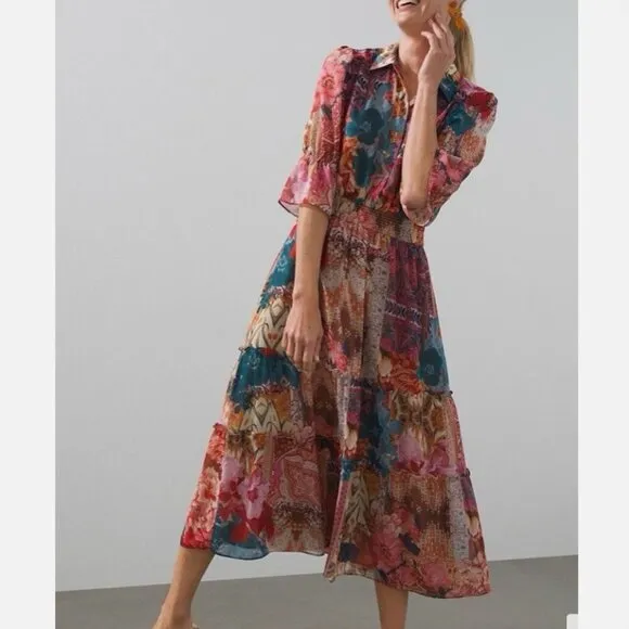Chico's Woman's Tapestry Tiered Ruffle Floral Summer Midi Dress Sz 14 - Image 3
