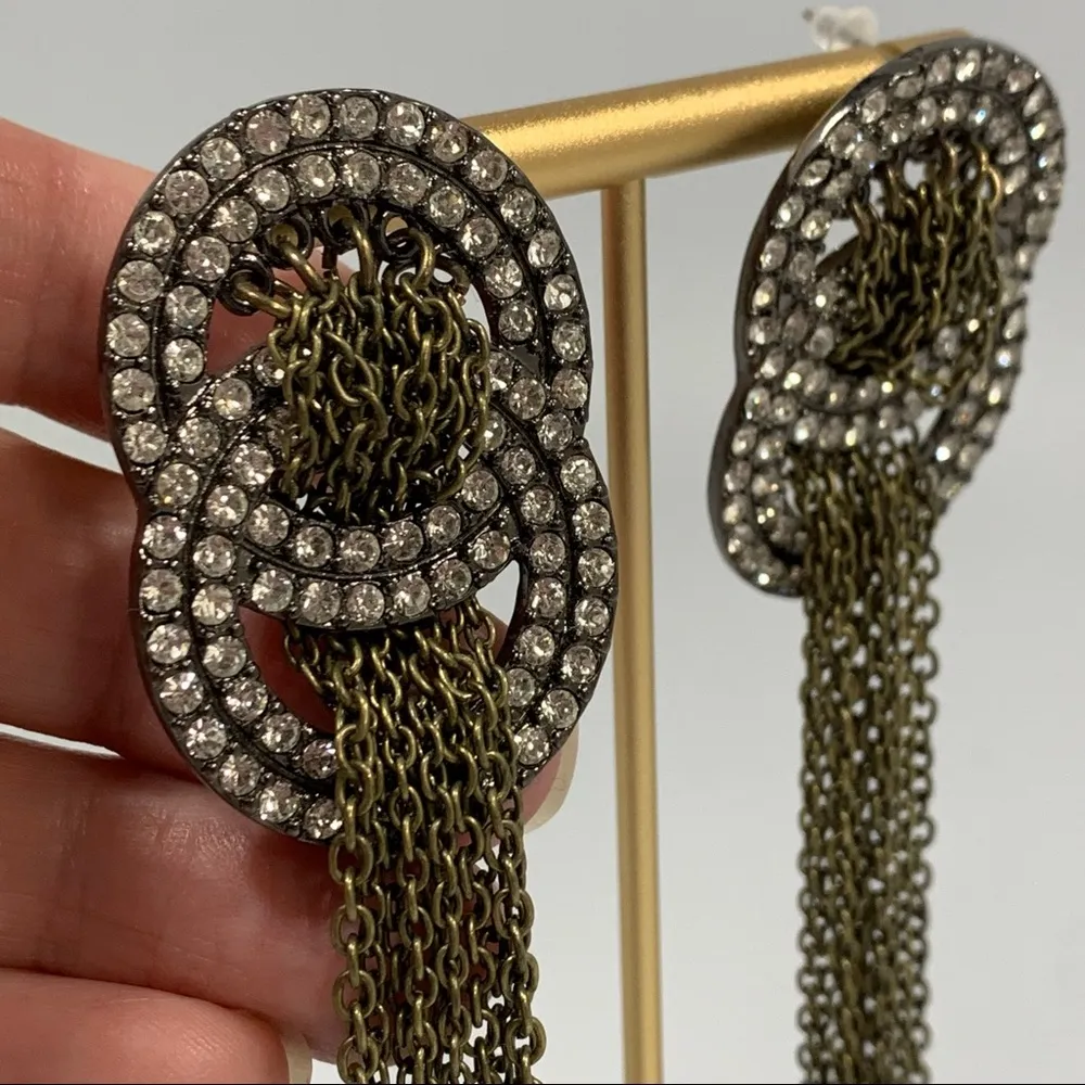 Antiqued Metal Rhinestone & Chain Dangle Long Statement Earrings Gold - Image 4