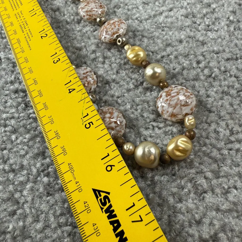 Gold Copper Speckled Long Beaded Necklace White Marble Effect Statement Beads - Image 5