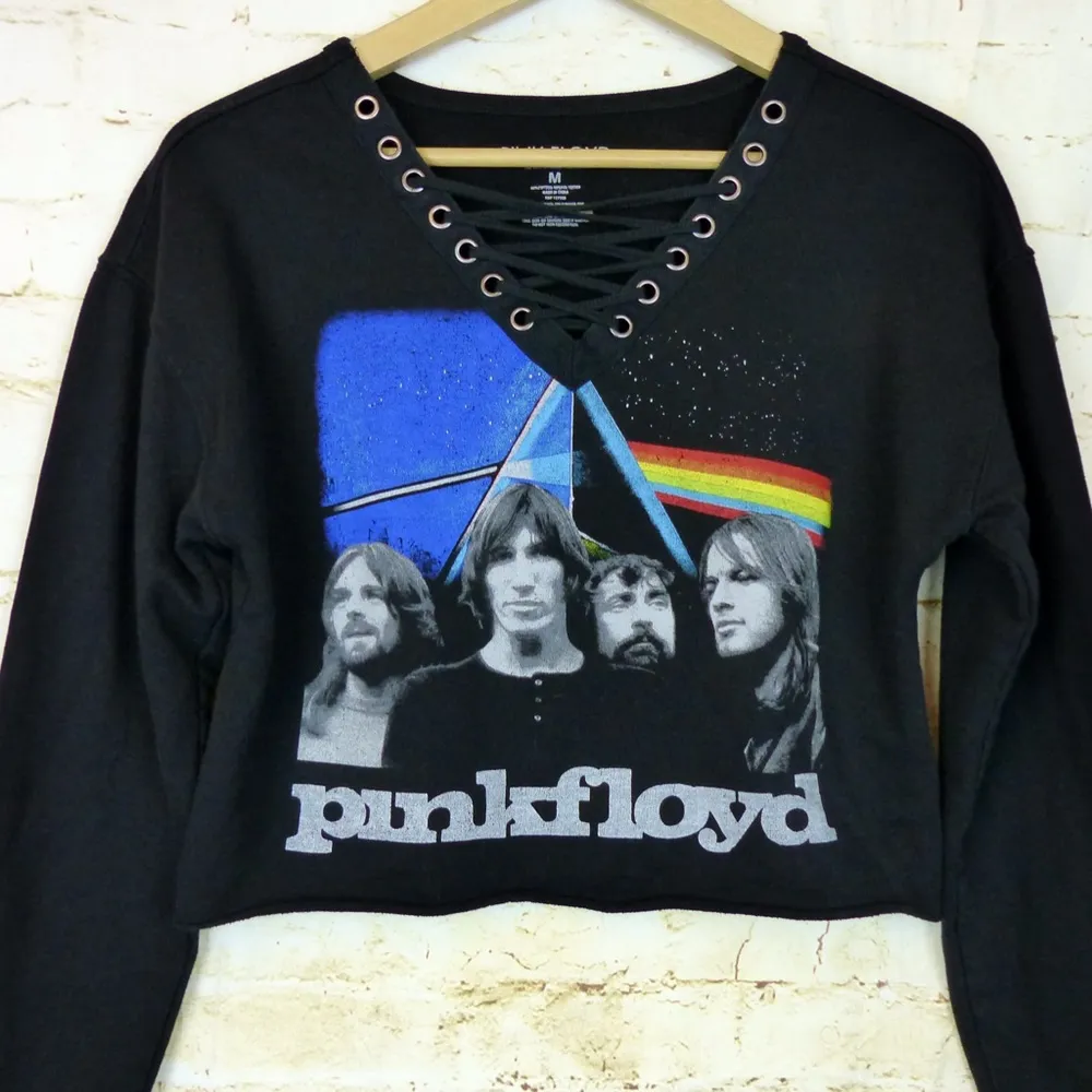 Pink Floyd Sweatshirt Womens M Black Crop Graphic Lace Up V-Neck Fleece Rock - Image 2