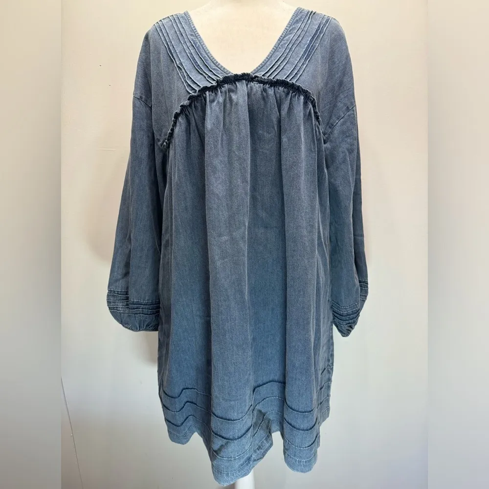 Denim Chambray Babydoll Swing Dress Mittoshop Long Sleeve Pleated Western Boho - Image 4