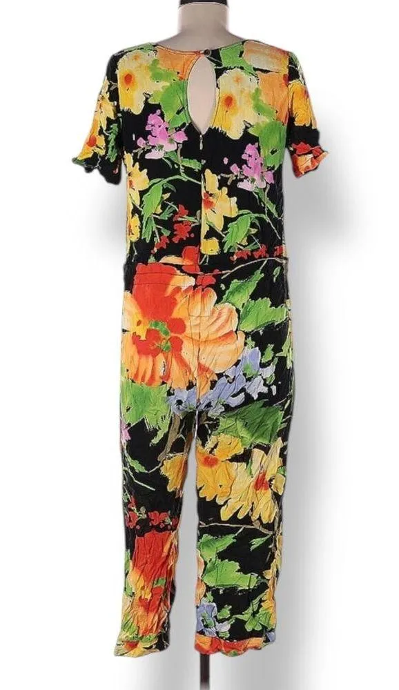 Vintage Jams World Flora Grande Floral Jumpsuit Cropped Black Made In Hawaii USA - Image 3