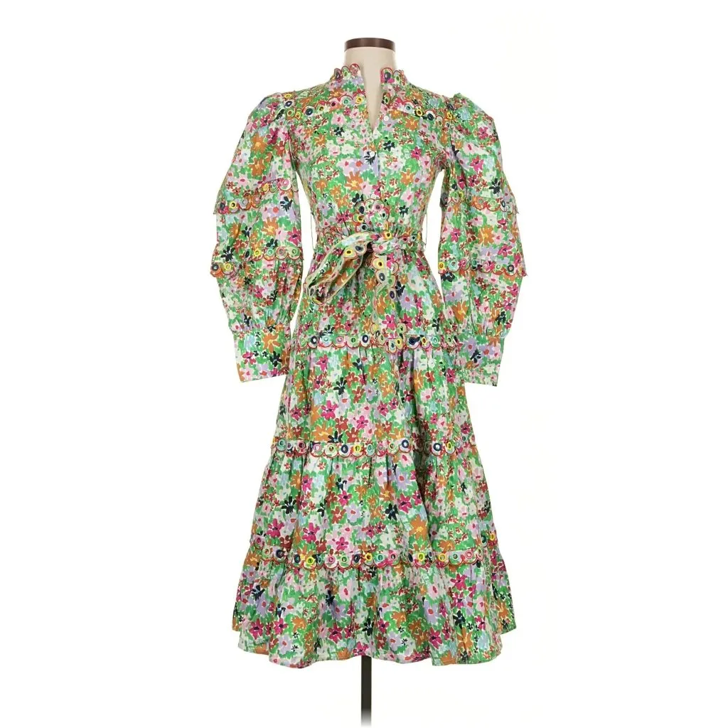 NWT CeliaB Oliver Midi in Watercolor Floral Stretch Cotton Tiered Shirt Dress XS - Image 2