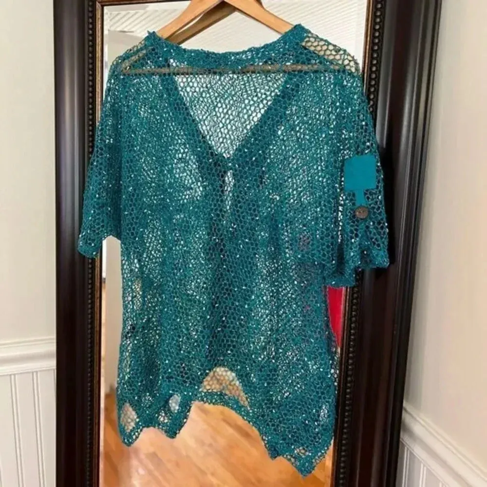 Mistror Image Knit Cardigan Medium Swim Coverup Blue - Image 2