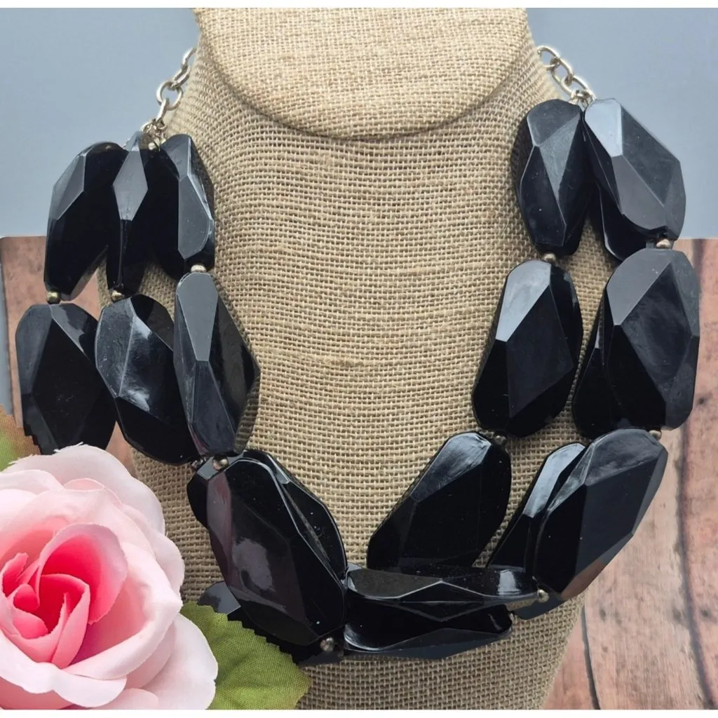 Black Chunky Multi Strand Large Bead Collar Necklace Statement Piece 22" - Image 2