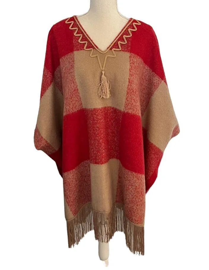 Adam Lippes for Target Wool Blend V Neck Poncho w/Arm Holes & Fringe L/XL Red Size undefined - Image 3